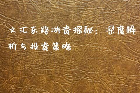 文汇东路游资探秘：深度解析与投资策略_https://m.lcjysmgs.com_股权投资_第1张